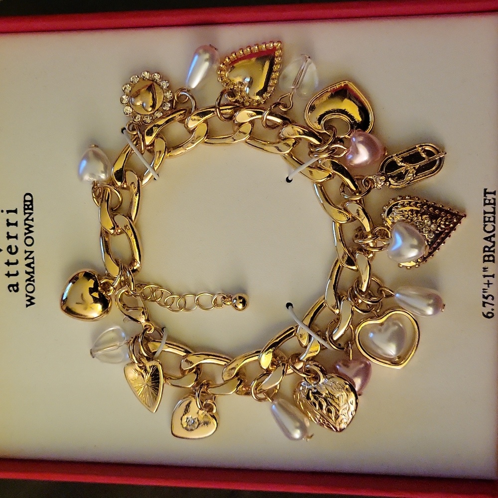 Atterri Gold Peatl  Heart Charm Bracelet With Pink Hue Accents BNIB Ti